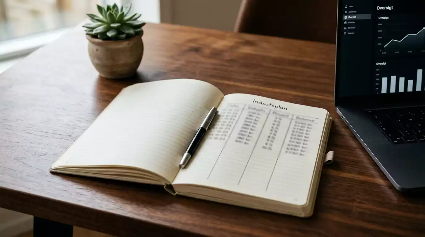 Notesbog med betting-plan og statistiknotater ved siden af bærbar computer