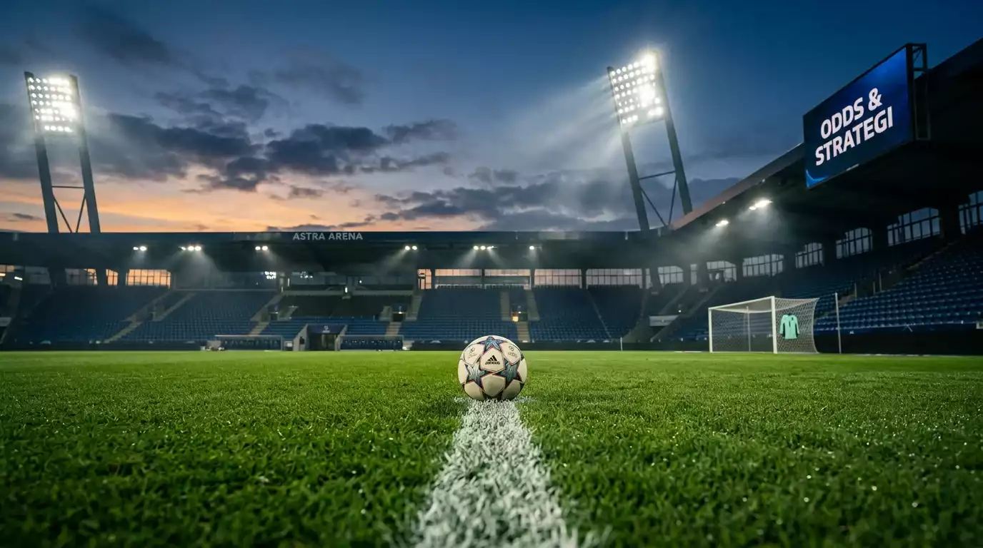Fodbold på grønt græs med dramatisk stadionlys og aftenstemning