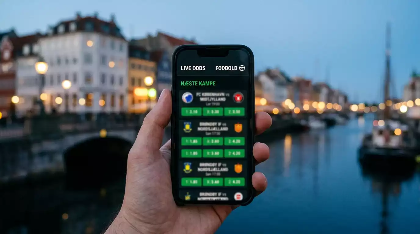 Hånd holder smartphone med dansk betting-app foran fodboldstadion