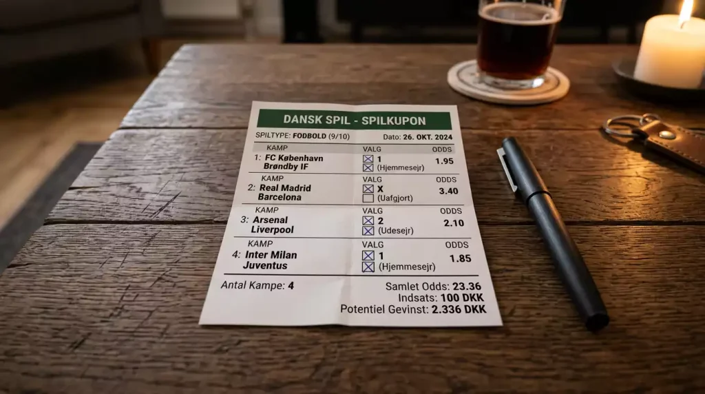 Betting-kupon med flere fodboldkampe markeret som accumulator-væddemål