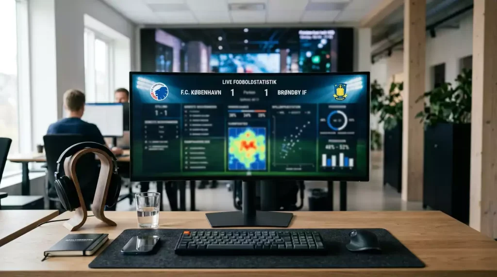 Computerskærm med dataanalyse og fodboldstatistik i et moderne kontormiljø