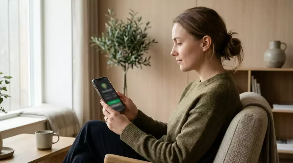 Person der holder en smartphone med ansvarligt spil-værktøjer på skærmen