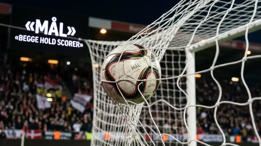 Fodbold der rammer nettet i et mål med stadion i baggrunden