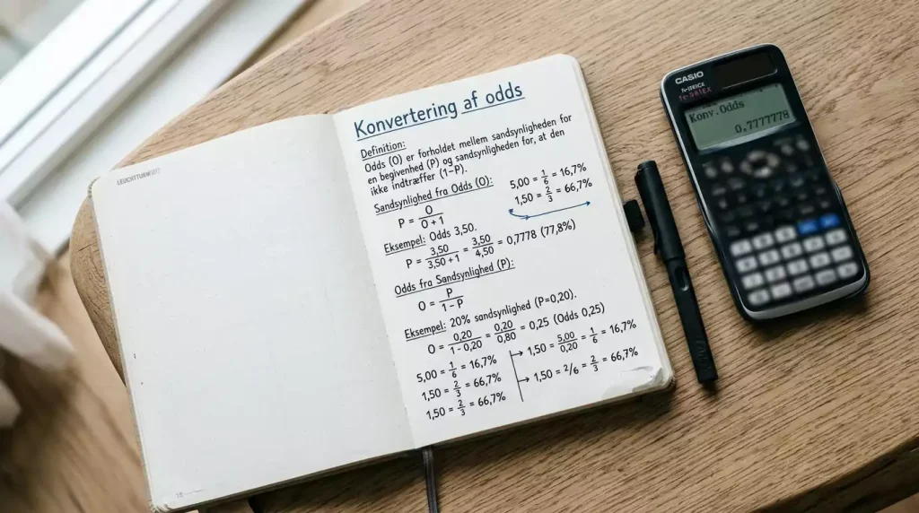 Notesbog med håndskrevne odds-beregninger og en lommeregner på et skrivebord