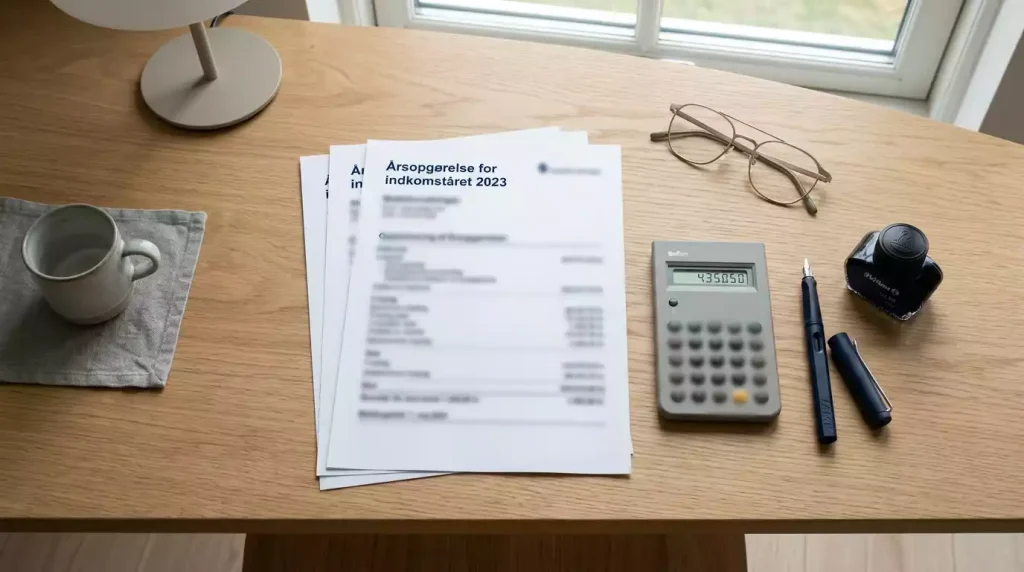 Dansk skatteformular og lommeregner på et skrivebord med betting-kontekst