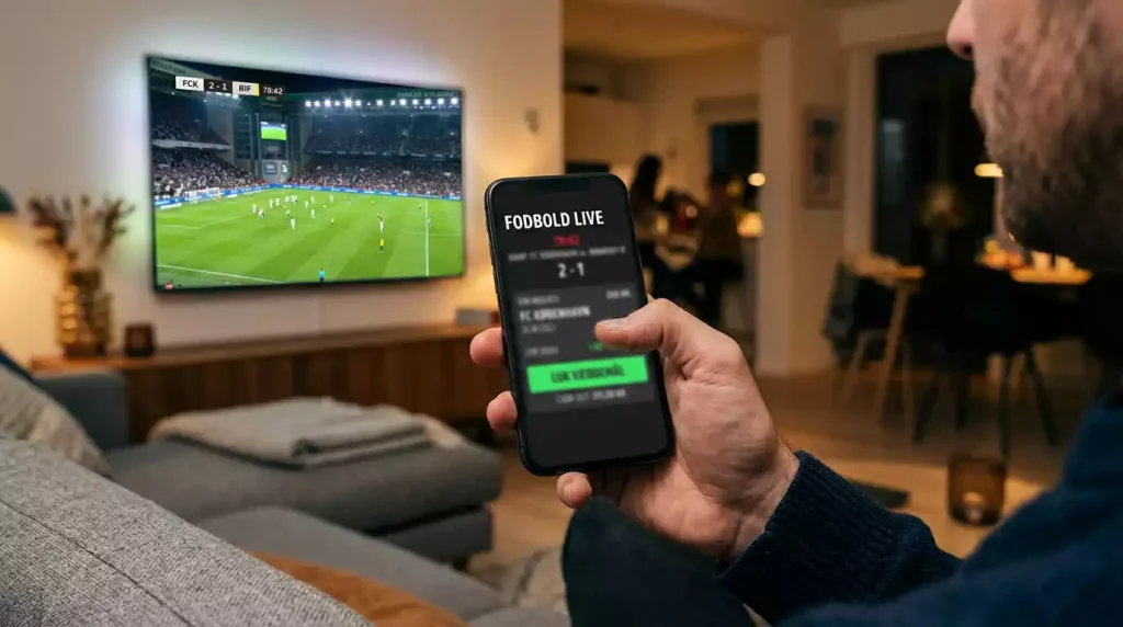 Smartphone med fodbold betting-app der viser cash out-mulighed under en kamp