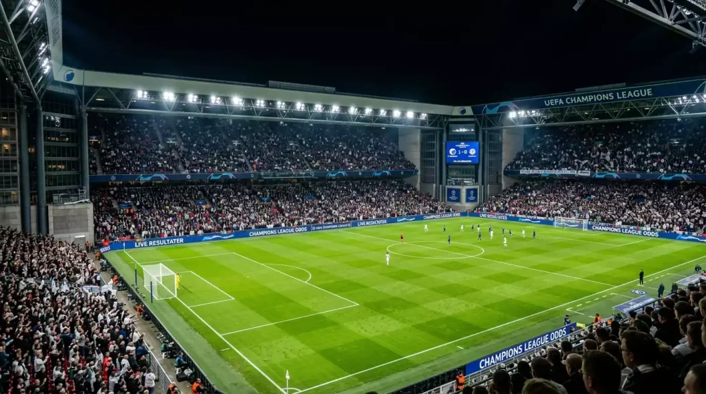 Champions League-fodboldkamp på et europæisk stadion under aftenlys