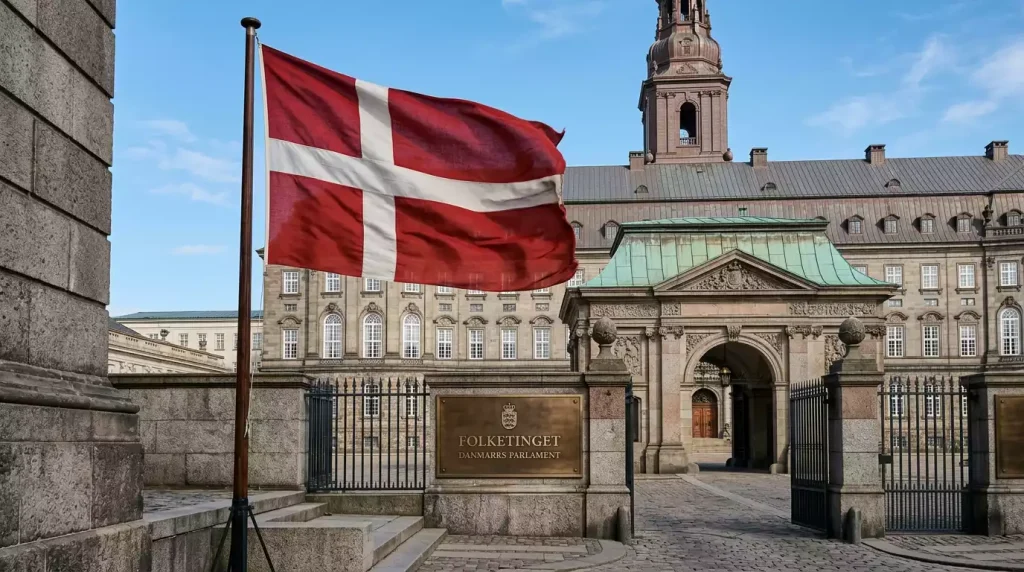 Dansk flag foran Christiansborg med juridisk kontekst for betting-lovgivning