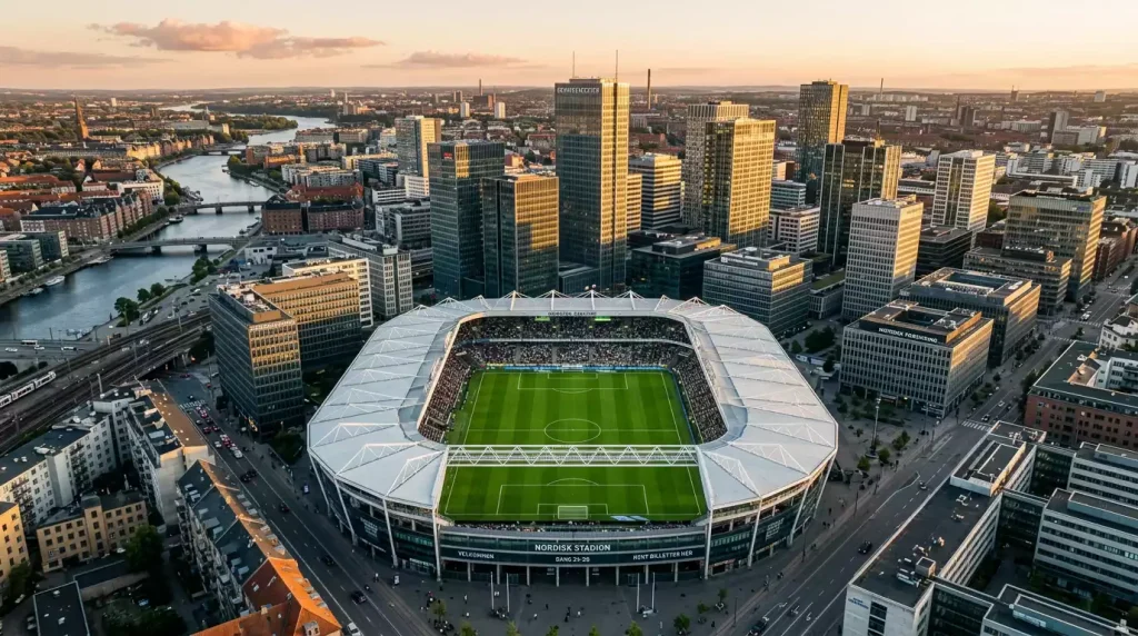 Europæisk bybillede med moderne finansdistrikter og fodboldstadion i baggrunden