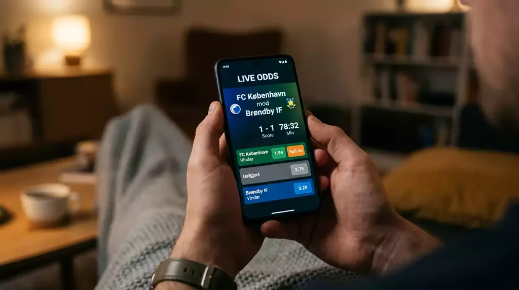 Person der ser en fodboldkamp på en smartphone med odds på skærmen