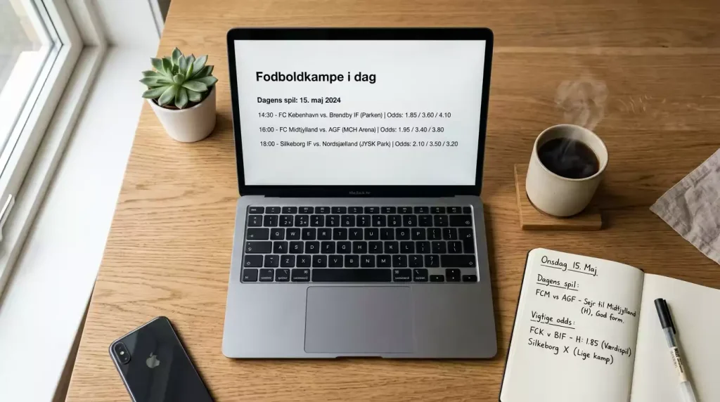 Morgenbord med kaffe og bærbar computer der viser dagens fodboldkampe og odds