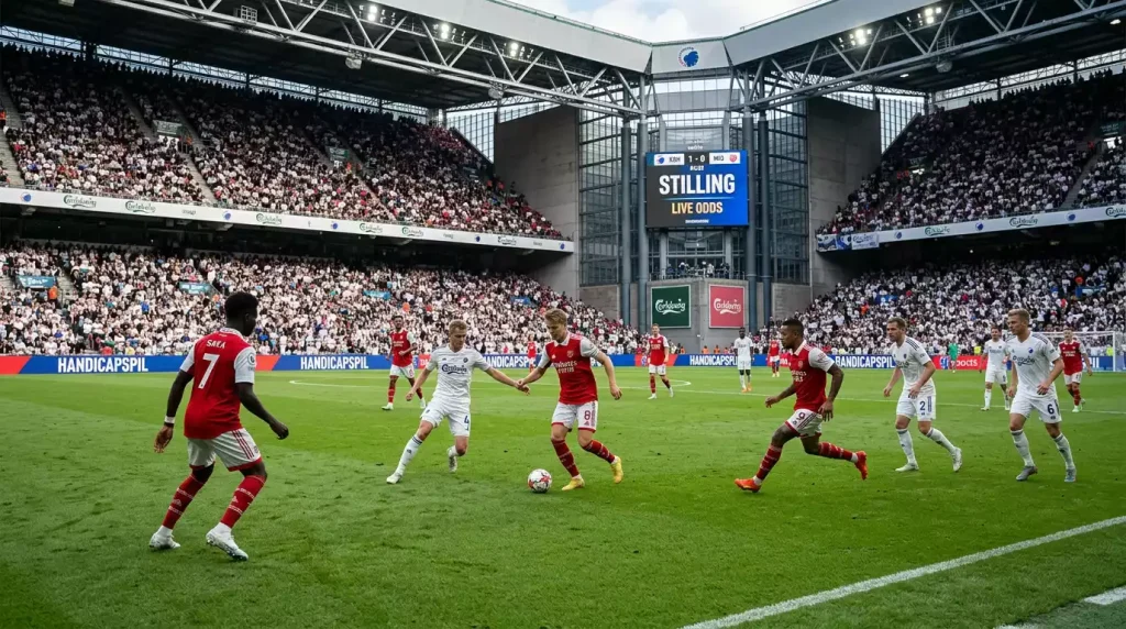 Fodboldspillere på banen med handicap betting-koncept og odds-visning