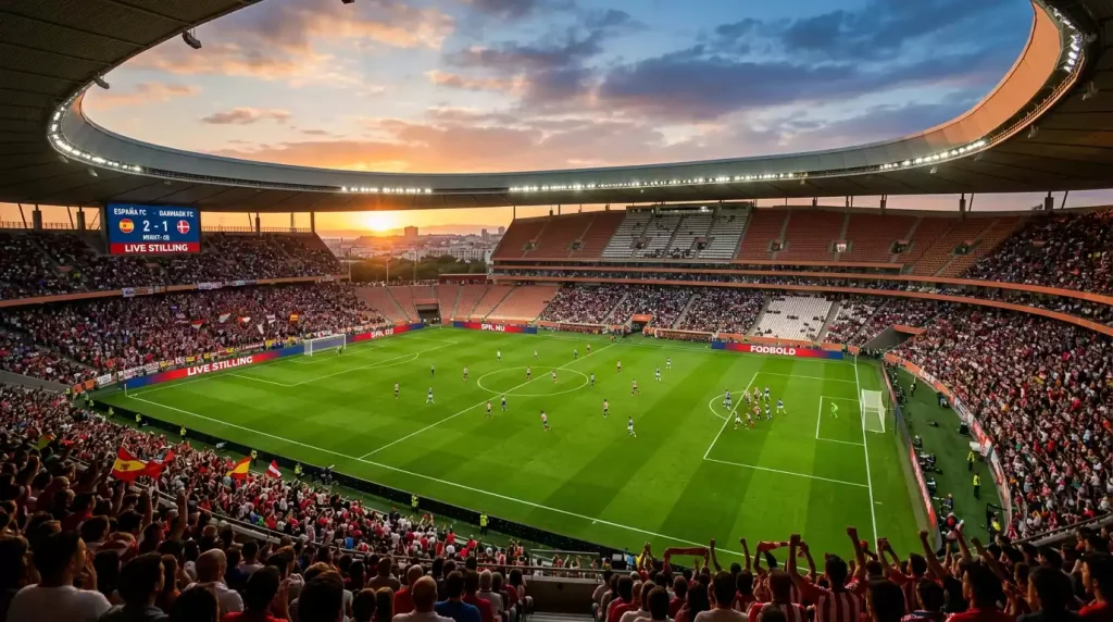 Spansk fodboldstadion med grøn bane og varm aftensol under en La Liga-kamp