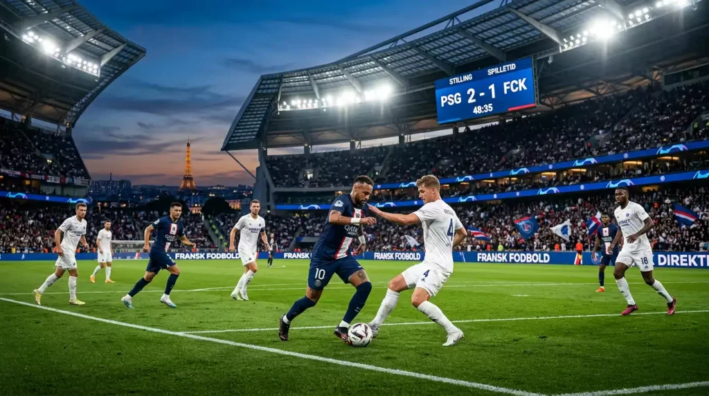Fransk Ligue 1-fodboldkamp på et stadion med parisisk atmosfære