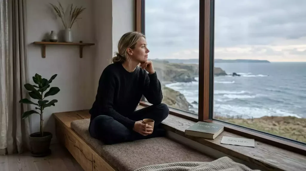 Person der sidder alene og ser ud af et vindue i et stille rum