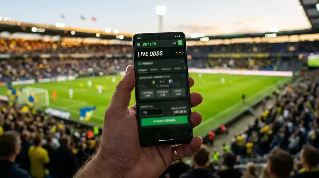 Mobil smartphone med fodbold betting-app i en persons hånd på et stadion