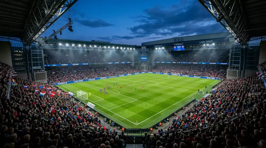 Engelsk Premier League-fodboldkamp på et fyldt stadion med grønt græs