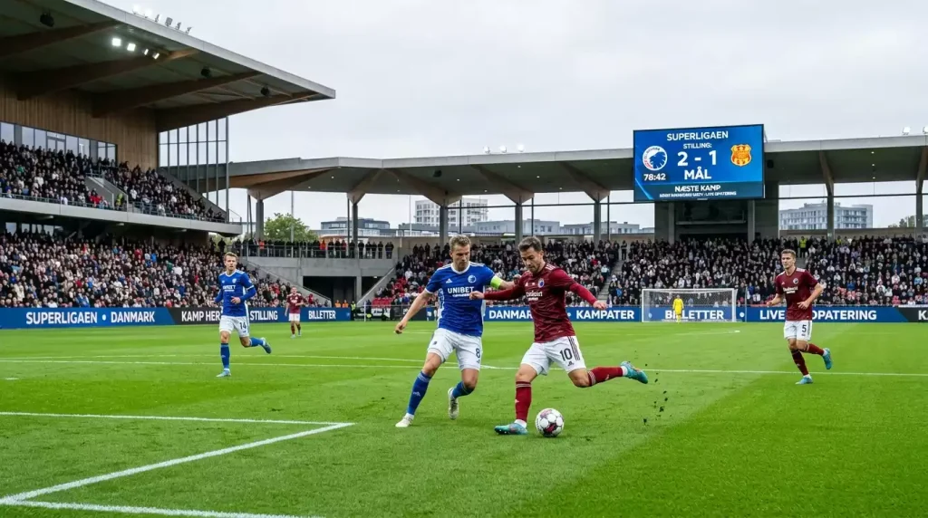 Dansk Superliga-fodboldkamp på et stadion med tilskuere og grøn bane