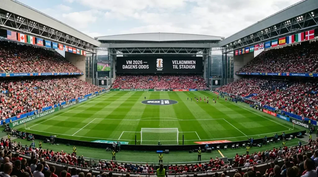 Stort fodboldstadion klart til en international turnering med flag fra flere lande