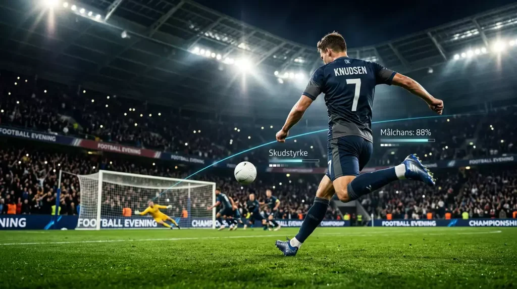 Fodboldspiller der skyder mod mål med dataoverlay der viser expected goals